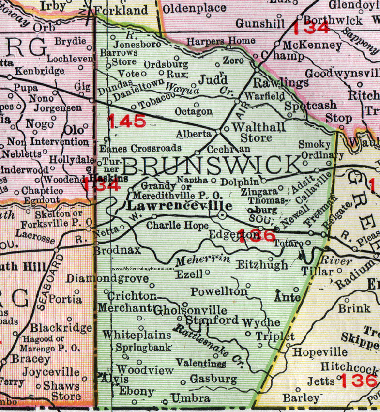 Brunswick County, Virginia, Map, 1911, Rand McNally, Lawrenceville, Alberta, Brodnax, Meredithville, Cochran, Spotcash, Smoky Ordinary, Edgerton, White Plains, Gasburg, Ordsburg, Barrows Store, Walthall Store, Zingara, Gholsonville