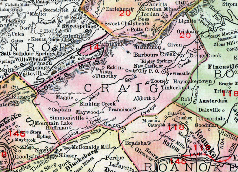 Craig County, Virginia, Map, 1911, Rand McNally, New Castle, Huffman, Simmonsville, Craig City, Drummon, Barbours Creek, Looney, Abbott, Ripley Springs, Craigs Creek, Francisco, Maywood, Paintbank, Eakin, Maggie Craig County, Virginia, Map, 1911, Rand McNally, New Castle, Huffman, Simmonsville, Craig City, Drummon, Barbours Creek, Looney, Abbott, Ripley Springs, Craigs Creek, Francisco, Maywood, Paintbank, Eakin, Maggie