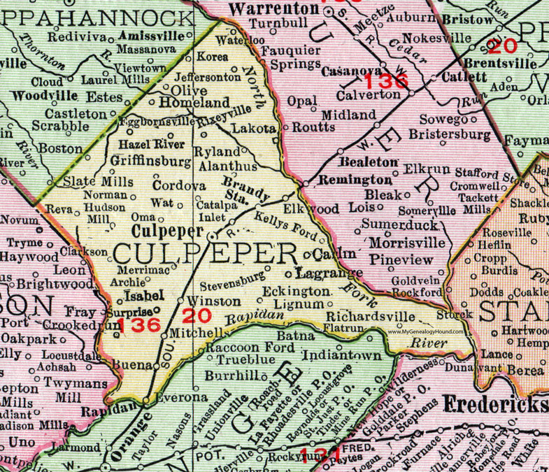 Culpeper County, Virginia, Map, 1911, Rand McNally, Brandy Station, Winston, Elkwood, Cordova, Eckington, Merrimac, Lakota, Carlin, Richardsville, Homeland, Ryland, Alanthus, Waterloo, Korea, Rixeyville, Hudson Mill, Eggbornsville