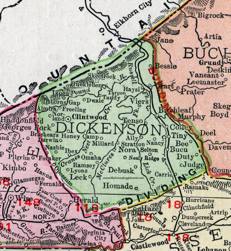 Dickenson County, Virginia, Map, 1911, Rand McNally, Clintwood, Haysi, Viers, Skeetrock, Huckleberry, Isom, Osborns Gap, Norland, Debusk, Nealy Ridge, Bucu, Colley, Dwale, Leck, Tenso, Almira