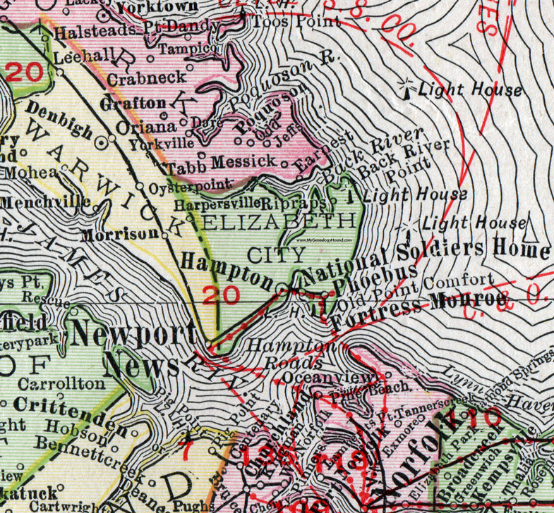 Elizabeth City County, Virginia, Map, 1911, Rand McNally, Hampton, Phoebus, Ripraps, National Soldiers Home, Back River Point, Fortress Monroe, Old Point Comfort