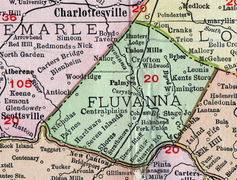 Fluvanna County, Virginia, Map, 1911, Rand McNally, Palmyra, Columbia, Crofton, Nahor, Union Mills, Kents Store, Wildwood, Antioch, Seven Islands, Wilmington, Holmhead, Boswell, Stearnes, Cohass, Strathmore