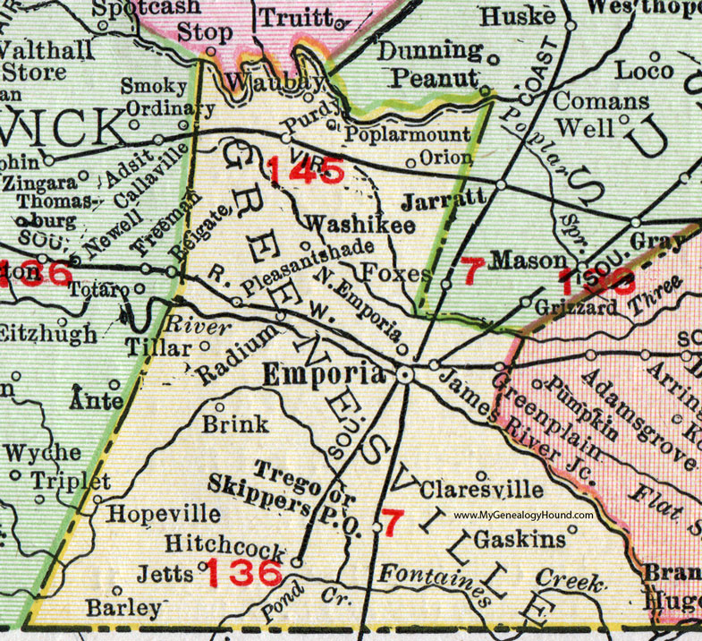 Greenesville County, Virginia, Map, 1911, Rand McNally, Emporia, Washikee, Hitchcock, Purdy, Waubay, Orion, Pleasant Shade, Radium, Brink, Trego, Hopeville, Jetts, Barley, Claresville, Gaskins, Skippers Greenesville County, Virginia, Map, 1911, Rand McNally, Emporia, Washikee, Hitchcock, Purdy, Waubay, Orion, Pleasant Shade, Radium, Brink, Trego, Hopeville, Jetts, Barley, Claresville, Gaskins, Skippers