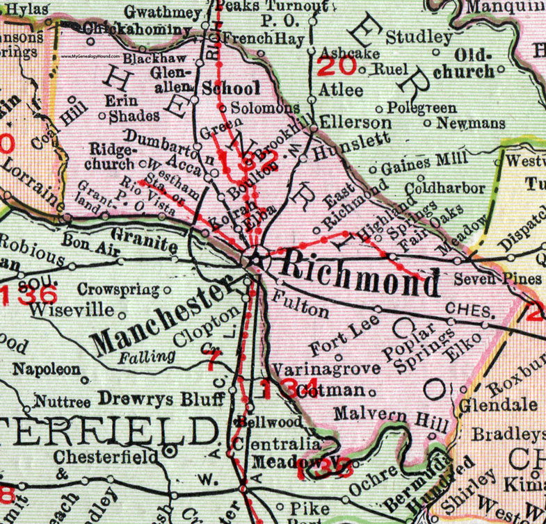 Henrico County, Virginia, Map, 1911, Rand McNally, Richmond, Highland Springs, Fort Lee, Cotman, Dumbarton, Glen Allen School, Hunslett, Varina Grove, Malvern Hill, Solomons, Boulton, Ridge Church, Acca, Korah