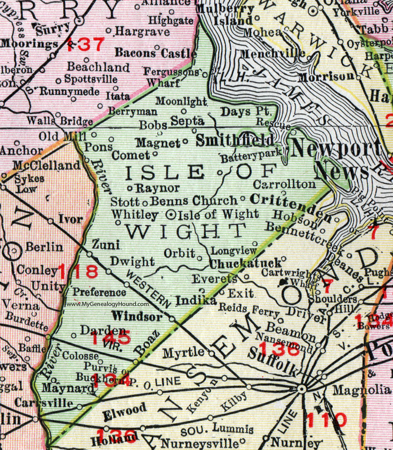 Isle of Wight County, Virginia, Map, 1911, Rand McNally, Windsor, Smithfield, Carrollton, Benns Church, Darden, Colosse, Maynard, Carrsville, Septa, Moonlight, Pons, Raynor, Indika, Zuni, McClelland