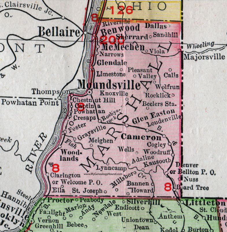 Marshall County, West Virginia 1911 Map by Rand McNally, Moundsville, Glen Dale, McMechen, Benwood, Cameron, Glen Easton, Dallas, Woodlands, Powhatan, Captina, Cresaps, Meighen, Sherrard, Bannen, Kausooth, WV