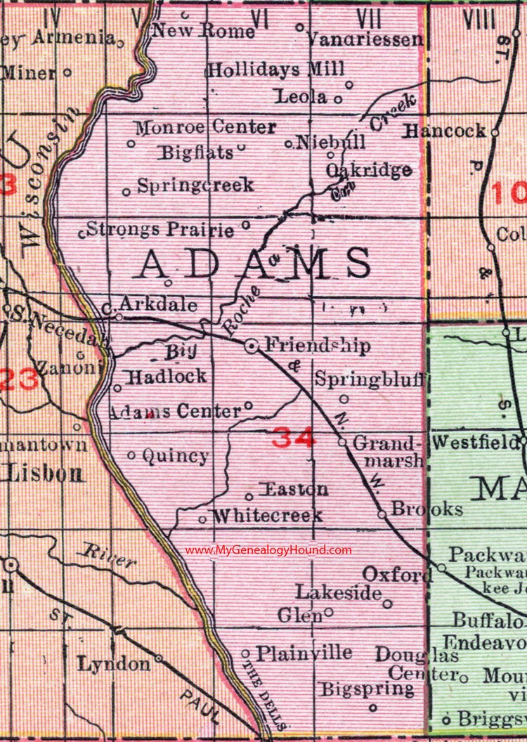 Adams County, Wisconsin, map, 1912, Friendship, Big Spring, Brooks, Grand Marsh, Plainville, White Creek, Monroe Center, Arkdale, New Rome, Vanariessen, Quincy, Hadlock, Easton, Niebull