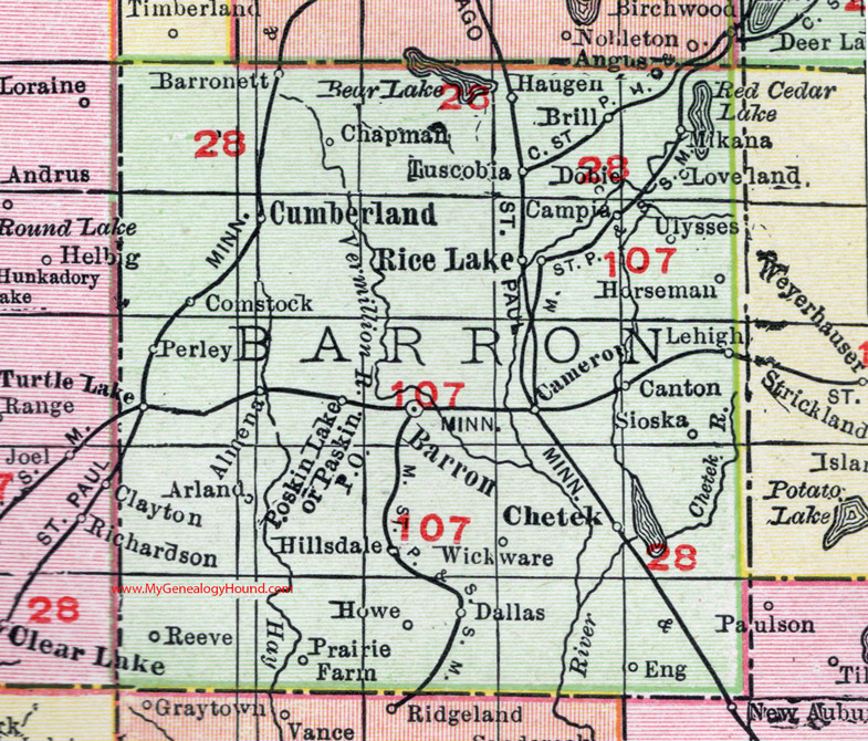 Barron County, Wisconsin, map, 1912, Barron City, Cumberland, Rice Lake, Chetek, Cameron, Dallas, Hillsdale, Canton, Turtle Lake, Almena, Poskin, Haugen, Prairie Farm, Comstock, Barronett