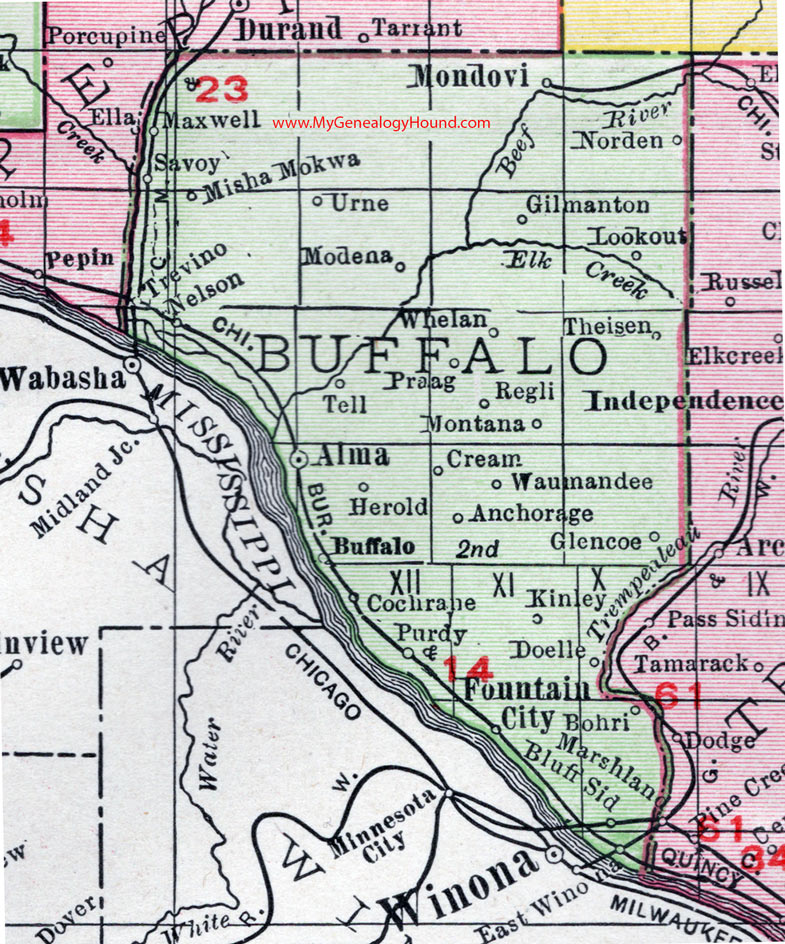 Buffalo County, Wisconsin, map, 1912, Mondovi, Alma, Fountain City, Cochrane, Buffalo City, Waumandee, Modena, Nelson, Gilmantown, Misha Mokwa, Savoy, Trevino, Anchorage