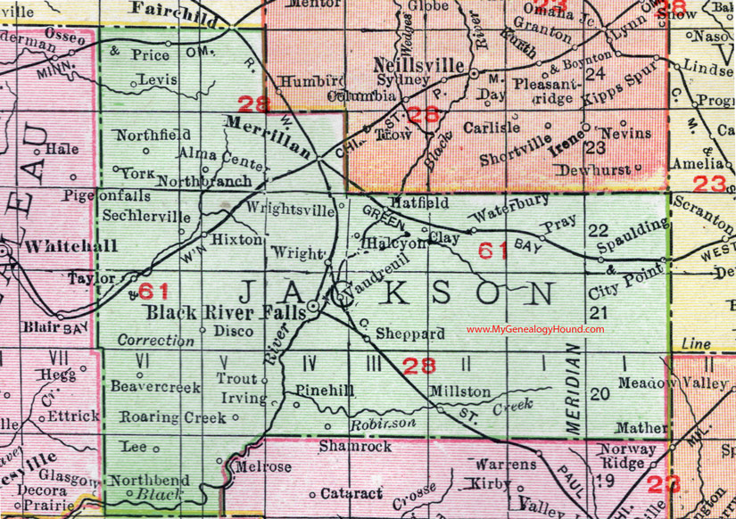 Jackson County, Wisconsin, map, 1912, Black River Falls, Merrillan, Hixton, Vaudreuil, Hatfield, Alma Center, Northfield, City Point, Millston, North Bend, Melrose, Taylor, Disco, Spaulding, Waterbury, Sechlerville