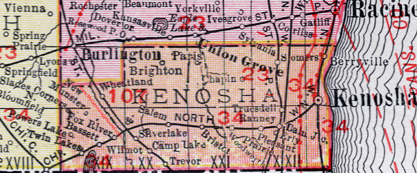 Kenosha County, Wisconsin, map, 1912, Kenosha City, Silver Lake, Twin Lakes, Wilmot, Somers, Pleasant Prairie, Woodworth, Bristol, Trevor, Camp Lake, Salem, Bassett, Powers Lake, New Munster