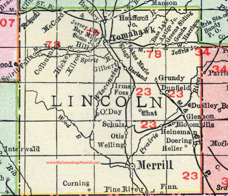 Lincoln County, Wisconsin, map, 1912, Merrill, Tomahawk, Heafford Junction, Gleason, Doering, Irma, Spirit Falls, Bloomville, Dudley, Garland, Schulz, Colburn, Gouda, Hickey Lincoln County, Wisconsin, map, 1912, Merrill, Tomahawk, Heafford Junction, Gleason, Doering, Irma, Spirit Falls, Bloomville, Dudley, Garland, Schulz, Colburn, Gouda, Hickey