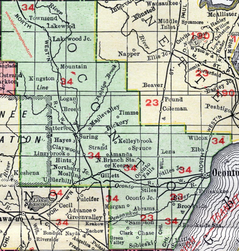 Oconto County, Wisconsin, map, 1912, Oconto City, Oconto Falls, Gillett, Lakewood, Mountain, Breed, Underhill, Stiles, Lena, Pensaukee, Little Suamico, Sobieski, Sampson, Mosling, Hintz