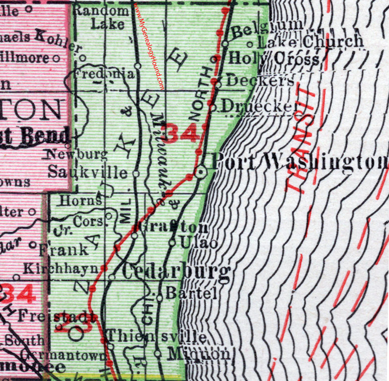 Ozaukee County, Wisconsin, map, 1912, Mequon, Port Washington, Cedarburg, Thiensville, Grafton, Fredonia, Belgium, Kohler, Bartel, Freistadt, Saukville, Druecker, Horns Corner