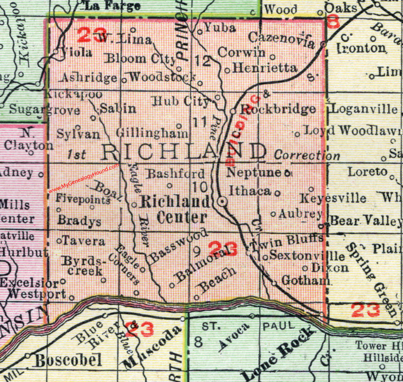 Richland County, Wisconsin, map, 1912, Richland Center, Viola, Cazenovia, Bloom City, Sylvan, Boaz, Lone Rock, Gotham, Sextonville, Keyesville, Loyd, Ithaca, Balmoral, Dixon, Sabin