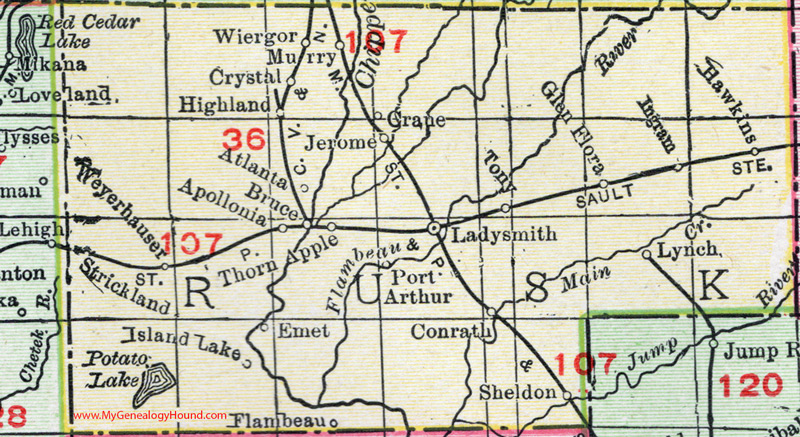 Rusk County, Wisconsin, map, 1912, Ladysmith, Weyerhauser, Conrath, Glen Flora, Tony, Bruce, Sheldon, Ingram, Hawkins, Thornapple, Port Arthur, Strickland, Flambeau