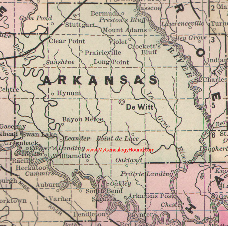 Arkansas County, Arkansas Map 1889 De Witt, Stuttgart, Bermuda, Williamette, Oakland, Oakley, Arkansas Post, Hynuni, AR