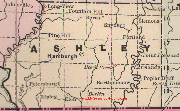 Ashley County, Arkansas Map 1889 Hamburg, Hamburgh, Fountain Hill, Portland, Ripley, Berlin, Snyder, Berea, Slemons, AR