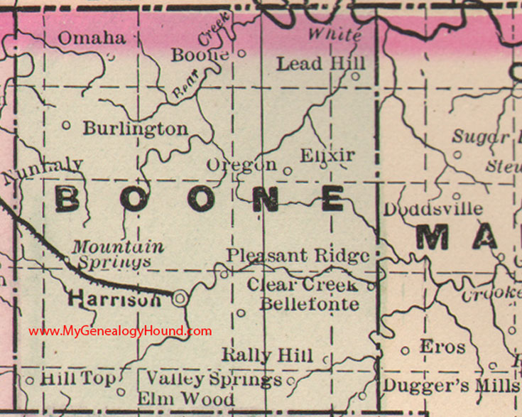 Boone County, Arkansas Map 1889 Harrison, Lead Hill, Omaha, Elixer, Burlington, Bellefonte, Valley Springs, AR