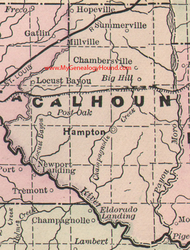Calhoun County, Arkansas Map 1889 Hampton, Hopeville, Summerville, Chambersville, Locust Bayou, Big Hill, Post Oak, AR