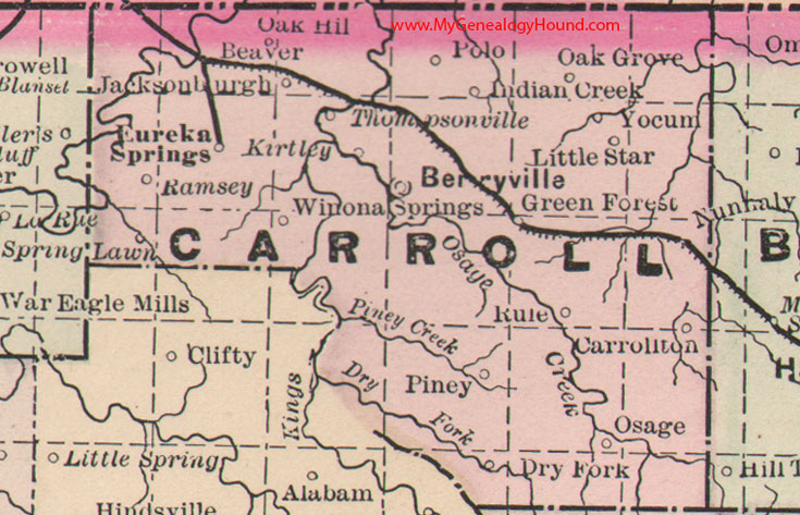 Carroll County, arkansas Map 1889 Berryville, Eureka Springs, Green Forest, Carrollton, Oak Grove, AR