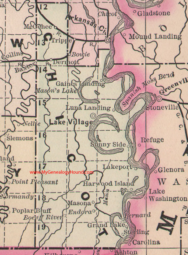 Chicot County, Arkansas Map 1889 Lake Village, Eudora, Dermott, Bernard, Luna Landing, Masona, McGehee, AR