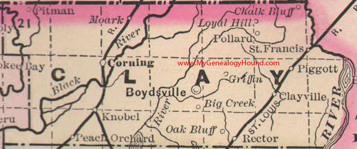 Clay County, Arkansas Map 1889 Boydsville, Corning, Piggott, Rector, Moark, Pollard, Pitman, Knobel, Griffin, Clayville, AR