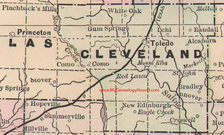 Cleveland County, Arkansas Map 1889 Toledo, New Edinburgh, Annover, Bradley, Croswell, Lehi, Randall, Alcandra, AR