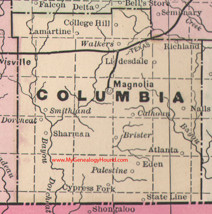 Columbia County, Arkansas Map 1889 Magnolia, Dorcheat, Sharman, Palestine, Eden, Calhoun, Nalls, Lamartine, Richland, AR