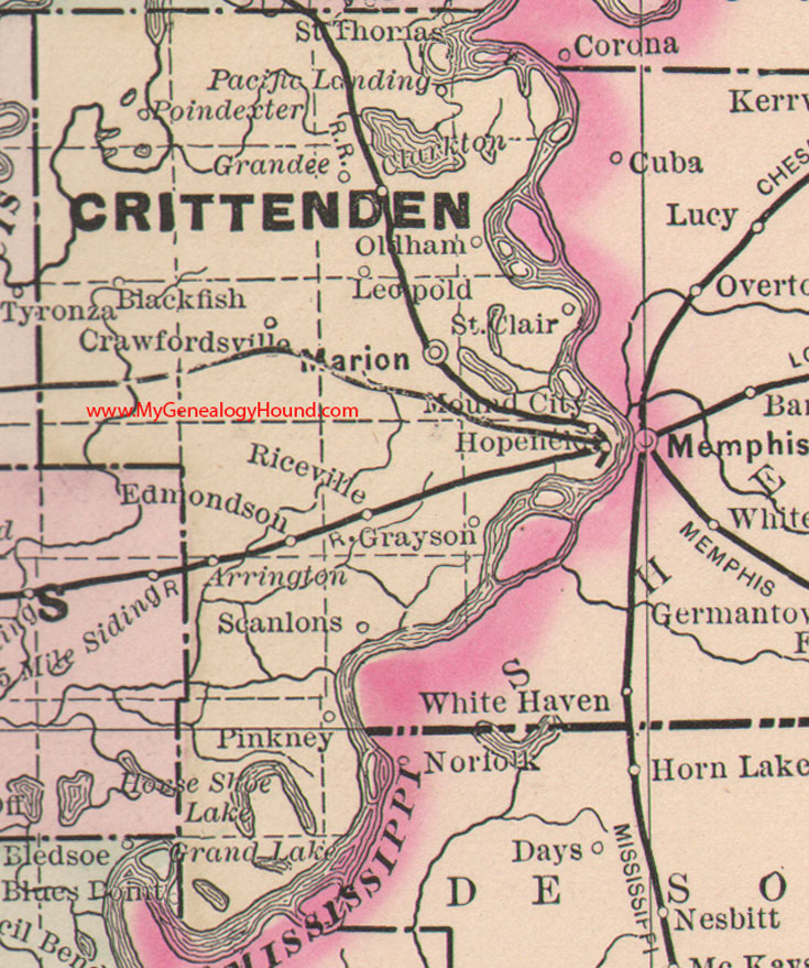 Crittenden County, Arkansas Map 1889 Marion, Edmondson, Crawfordsville, Oldham, Tyronza, Scanlons, Pinkney, AR