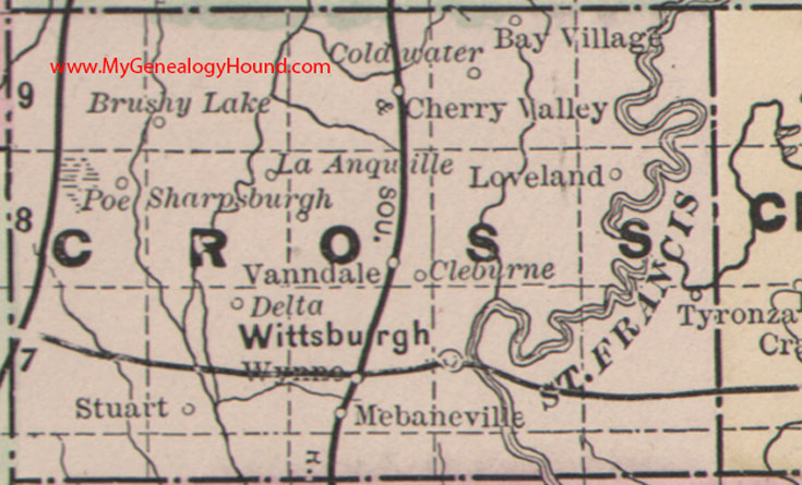 Cross County, Arkansas Map 1889 Wittsburgh, Wynne, Cherry Valley, Cleburne, Vanndale, Stuart, AR
