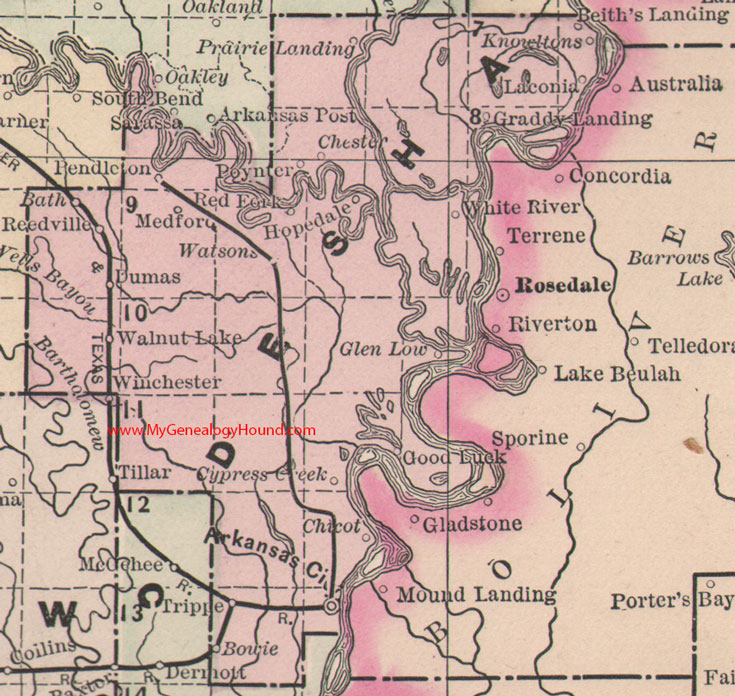 Desha County, Arkansas Map 1889 Arkansas City, Dumas, Watson, Bowie, Knowltons, Laconia, Poynter, AR
