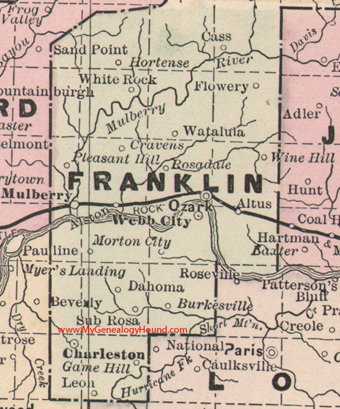 Franklin County, Arkansas Map 1889 Ozark, Charleston, Webb City, Mulberry, Altus, Watalula, Dahoma, AR