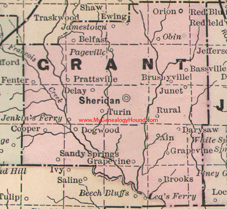 Grant County, Arkansas Map 1889 Sheridan, Prattsville, Turin, Orion, Obin, Junet, Ain, Darysaw, Brooks, Delay, Grapevine, Fenter, Ar