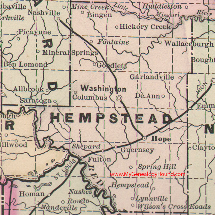 Hempstead County, Arkansas Map 1889 Hope, Washington, Fulton, Sheppard, Garlandville, Goodlett, Guernsey, AR