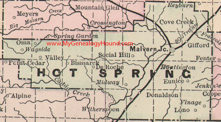 Hot Spring County, Arkansas Map 1889 Malvern, Gifford, Donaldson, Social Hill, Witherspoon, Eunice, Lono, Cove Creek, AR