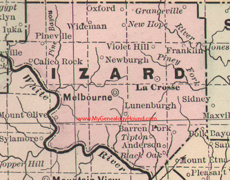 Izard County, Arkansas Map 1889 Melbourne, La Crosse, Calico Rock, Pineville, Franklin, Newburgh, Tipton, Wideman, Oxford, AR