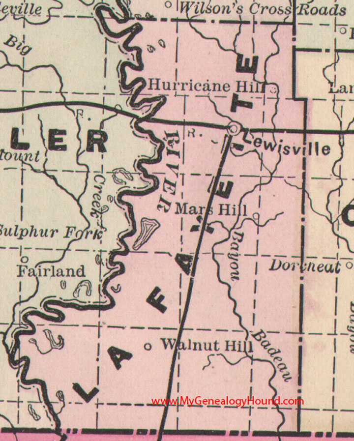 Lafayette County, Arkansas Map 1889 Lewisville, Hurricane Hill, Mars Hill, Walnut Hill, AR