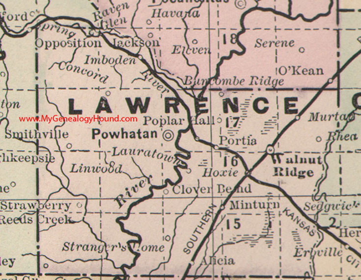 Lawrence County, Arkansas Map 1889 Powhatan, Walnut Ridge, Stanger's Home, Hoxie, Minturn, Sedgwick, Murta, Rhea, AR