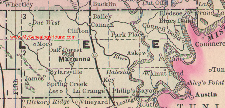 Lee County, Arkansas Map 1889 Marianna, Moro, La Grange, Bailey, Clifton, Bledsoe, Askew, Sylarsville, AR
