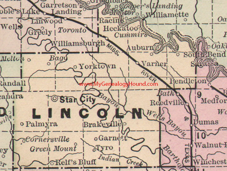 Lincoln County, Arkansas Map 1889 Star City, Tyro, Yorktown, Heckatoo, Palmyra, Garnett, Auburn, AR