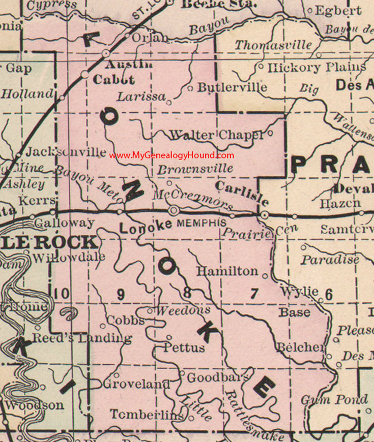 Lonoke County, Arkansas Map 1889 Austin, Cabot, Orlan, McCreamors, Hamilton, Cobbs, Pettus,  Tomberlins, AR