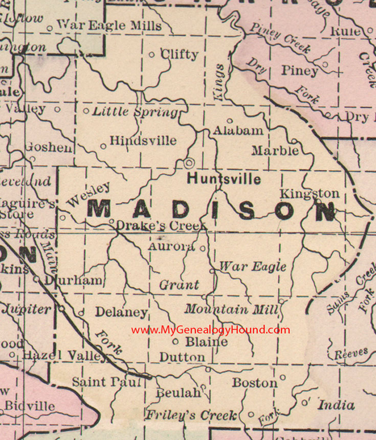 Madison County, Arkansas Map 1889 Huntsville, Hindsville, Clifty, Alabam, Kingston, Saint Paul, War Eagle, AR