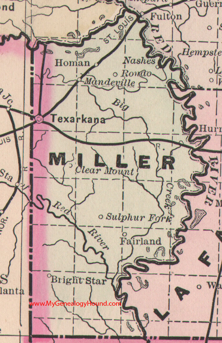 Miller County, Arkansas Map 1889 Texarkana, Homan, Nashes, Rondo, Mandeville, Clear Mount, Sulphur Fork, Fairland, Bright Star, AR 