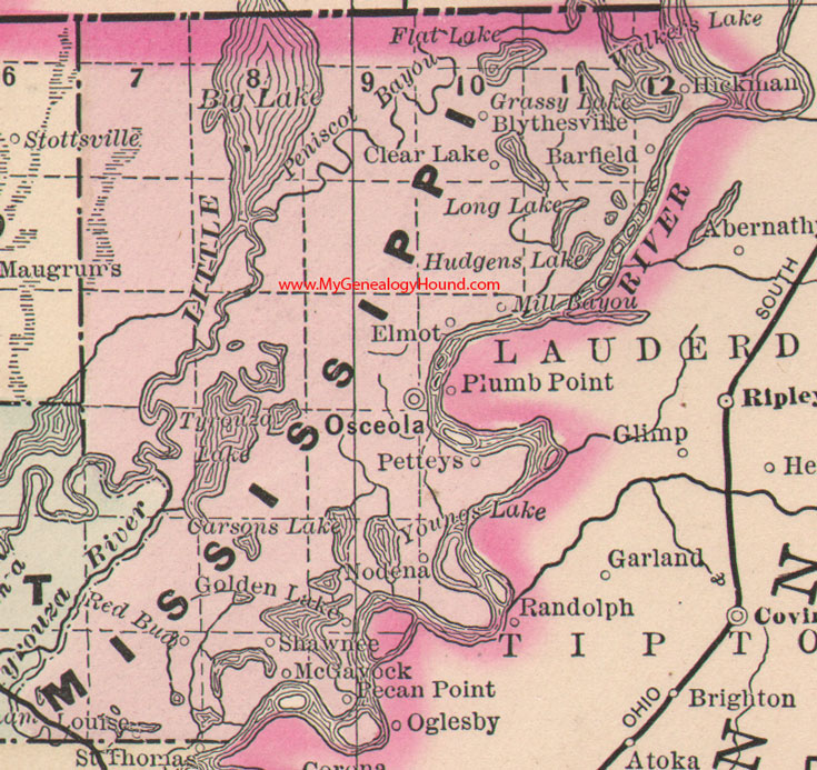 Mississippi County, Arkansas Map 1889 Osceola, Blytheville, Barfield, Elmot, Nodena, Shawnee, McGavock, AR