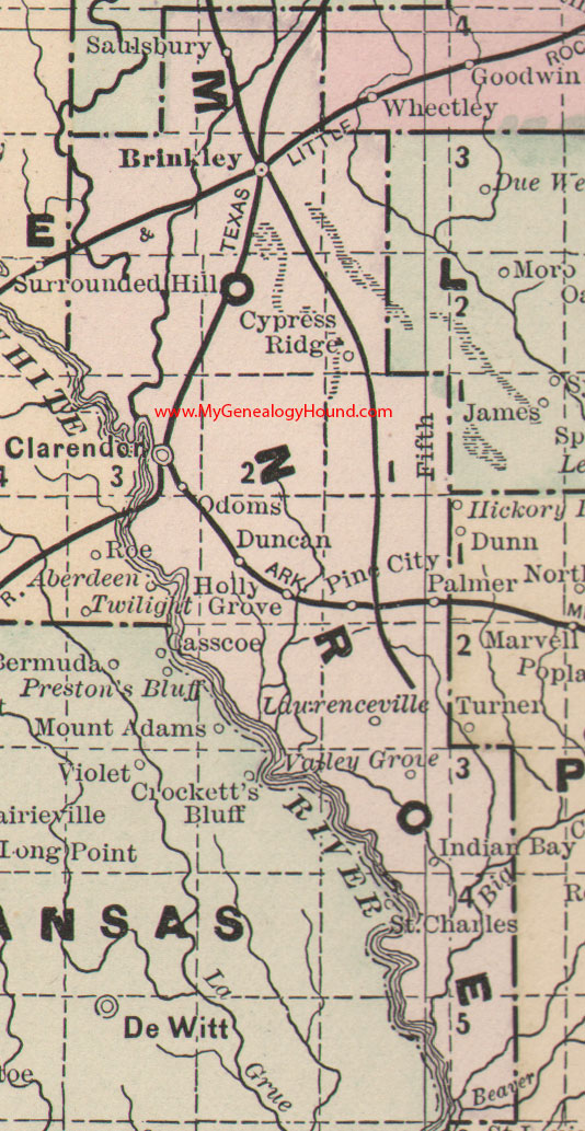 Monroe County, Arkansas Map 1889 Brinkley, Odoms, Duncan, Holly Grove, Indian Bay, Lawrenceville, Saulsbury, AR
