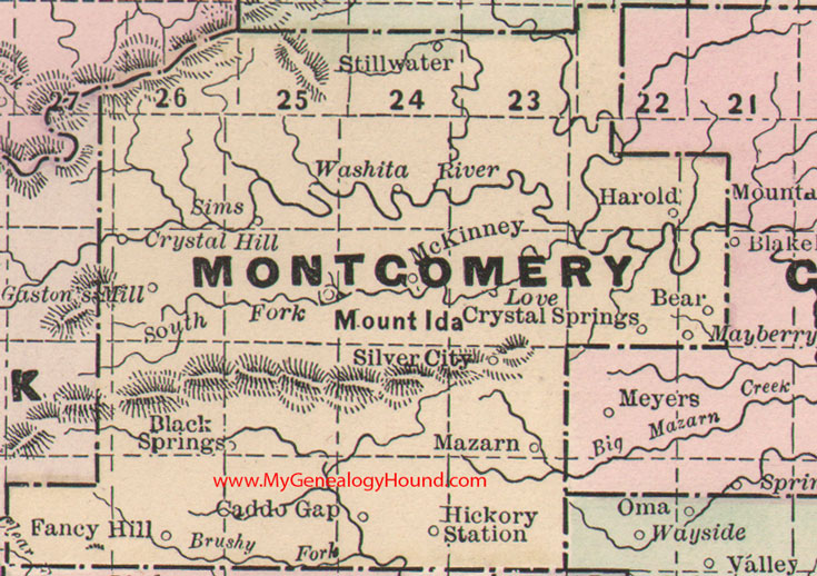 Montgomery County, Arkansas Map 1889 Mt. Ida, Black Springs, Caddo Gap, Silver City, Stillwater, AR