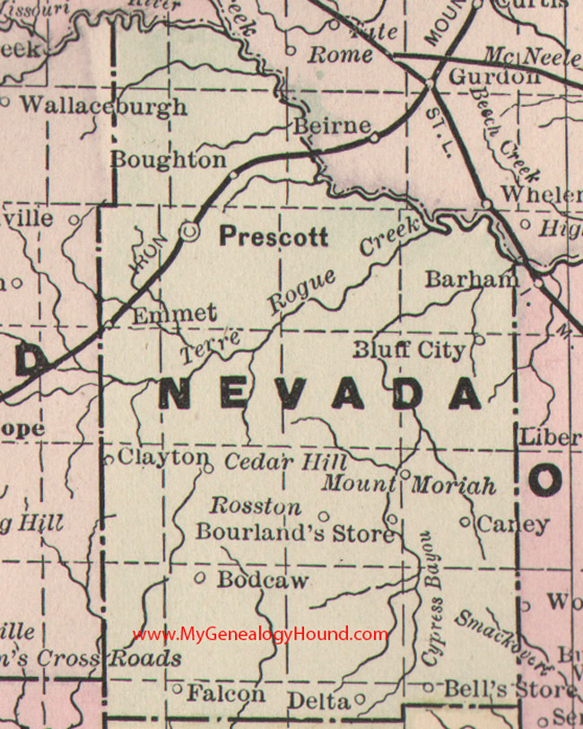 Nevada County, Arkansas Map 1889 Prescott, Emmet, Bluff City, Bodcaw, Rosston, Caney, Boughton, Falcon, Delta, AR