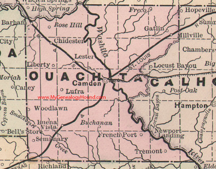 Ouachita County, Arkansas Map 1889 Camden, Chidester, Tremont, Lufra, Gatlin, Freco, Rose Hill, Liberty, AR