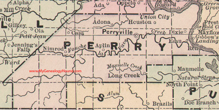 Perry County, Arkansas Map 1889 Perryville, Dixie, Esau, Union City, Nimros, Aplin, Casa, Long Creek, AR
